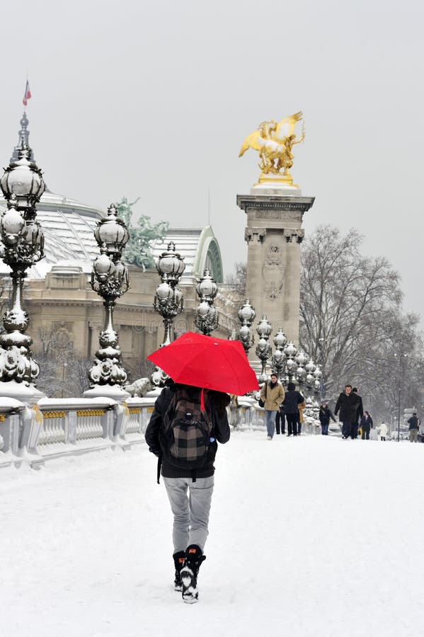 den france paris snowstormen som går wi, övervintrar kvinnan royaltyfri bild den france paris snowstormen som går wi, övervintrar kvinnan royaltyfri bild