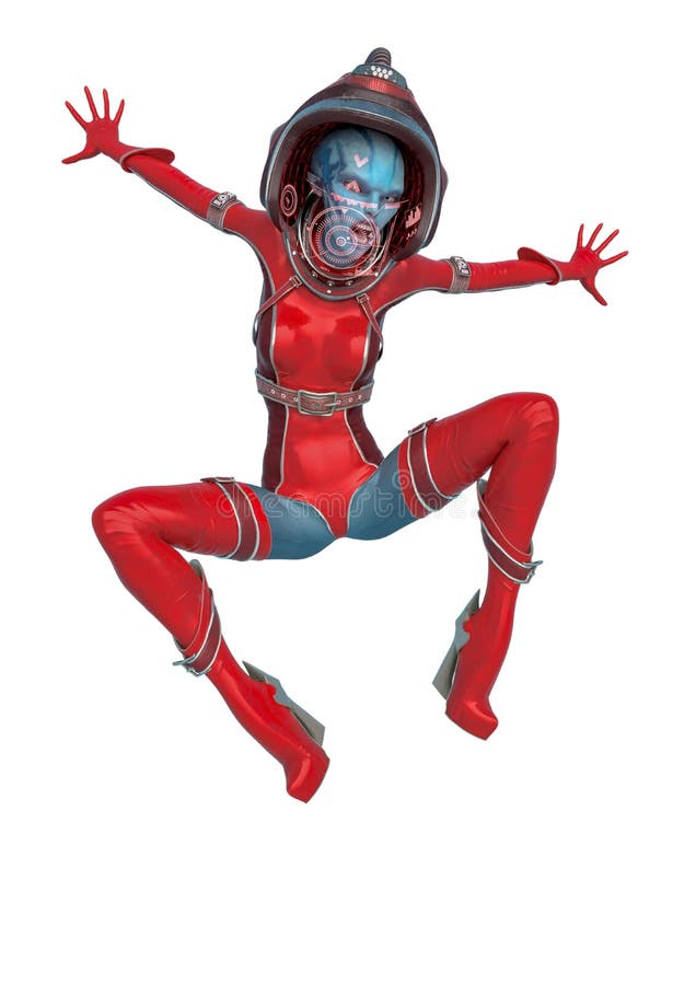 Den fr?mmande drottningen i en r?d scifi-dr?kt som g?r en spindel, hoppar i en vit bakgrund vektor illustrationer Den fr?mmande drottningen i en r?d scifi-dr?kt som g?r en spindel, hoppar i en vit bakgrund vektor illustrationer