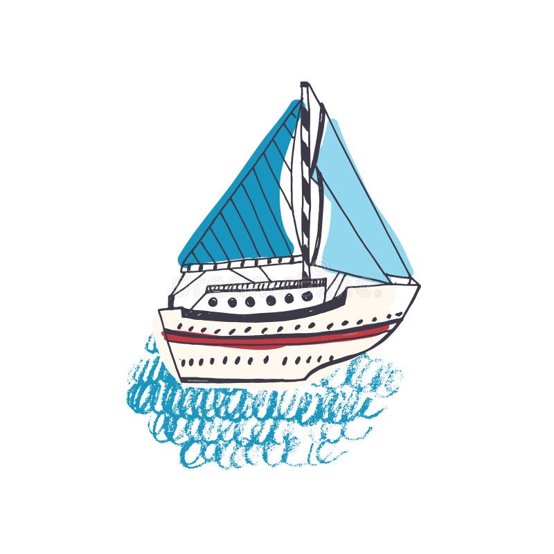 Den färgrika teckningen av passagerareskeppet, segelbåten eller flottaskytteln med seglar i havet Segelbåt i havresa eller tur vektor illustrationer