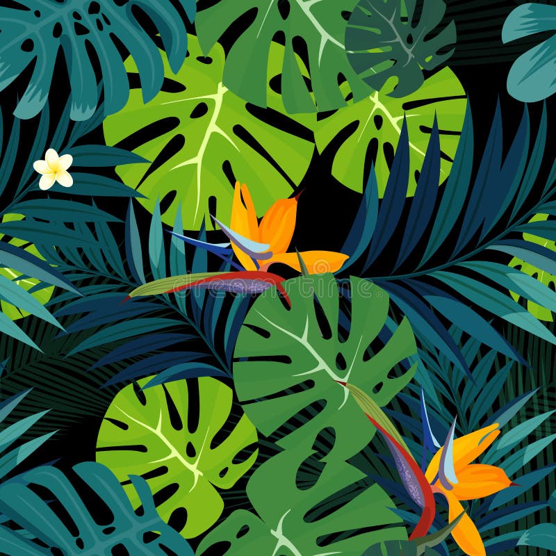 Den färgrika tropiska blomman, växten och bladet mönstrar bakgrund royaltyfri illustrationer