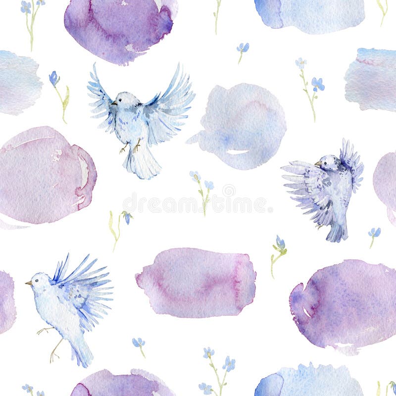 Den försiktiga sömlösa modellen med fåglar, glömmer mig inte blommor och vattenfärgfärgstänk Romantisk bakgrund med trädgårdblomm stock illustrationer Den försiktiga sömlösa modellen med fåglar, glömmer mig inte blommor och vattenfärgfärgstänk Romantisk bakgrund med trädgårdblomm stock illustrationer