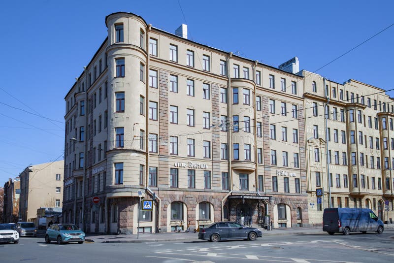 SAINT PETERSBURG, RUSSIA - APRIL 08, 2024: The ancient building of the Bristol Hotel (former Yuzhnaya Hotel, apartment building of I. L. Balbashevsky, 1911-1914) on a sunny April day. SAINT PETERSBURG, RUSSIA - APRIL 08, 2024: The ancient building of the Bristol Hotel (former Yuzhnaya Hotel, apartment building of I. L. Balbashevsky, 1911-1914) on a sunny April day