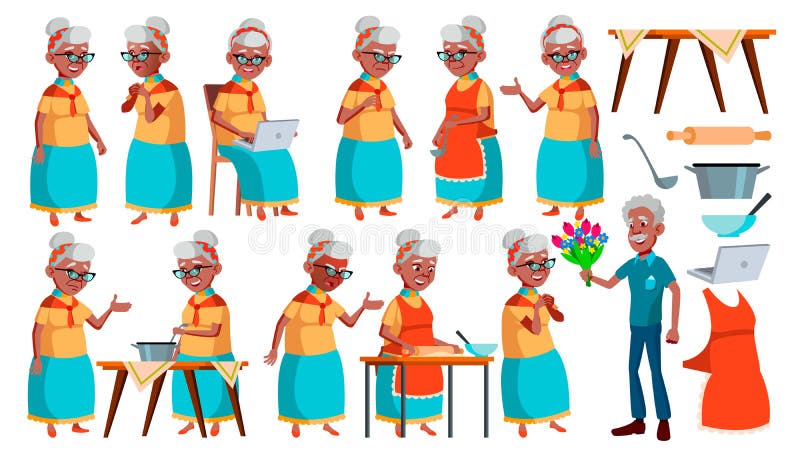 Old Woman Poses Set Vector. Black. Afro American. Elderly People. Senior Person. Aged. Positive Pensioner. Web, Brochure, Poster Design Isolated Cartoon Illustration. Old Woman Poses Set Vector. Black. Afro American. Elderly People. Senior Person. Aged. Positive Pensioner. Web, Brochure, Poster Design Isolated Cartoon Illustration