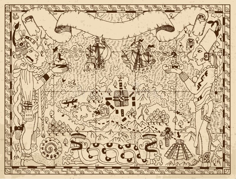 Den gamla mayan eller aztec översikten med två gudar och fantasin landar på pappers- bakgrund royaltyfri illustrationer Den gamla mayan eller aztec översikten med två gudar och fantasin landar på pappers- bakgrund royaltyfri illustrationer