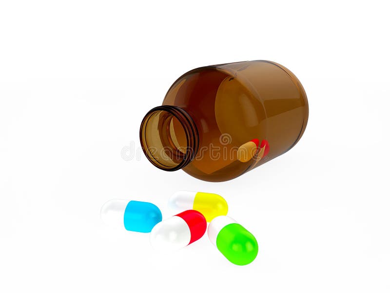 Den Glass medicinska behållaren för pills eller kapslar och olikt färgar kapslar stock illustrationer Den Glass medicinska behållaren för pills eller kapslar och olikt färgar kapslar stock illustrationer