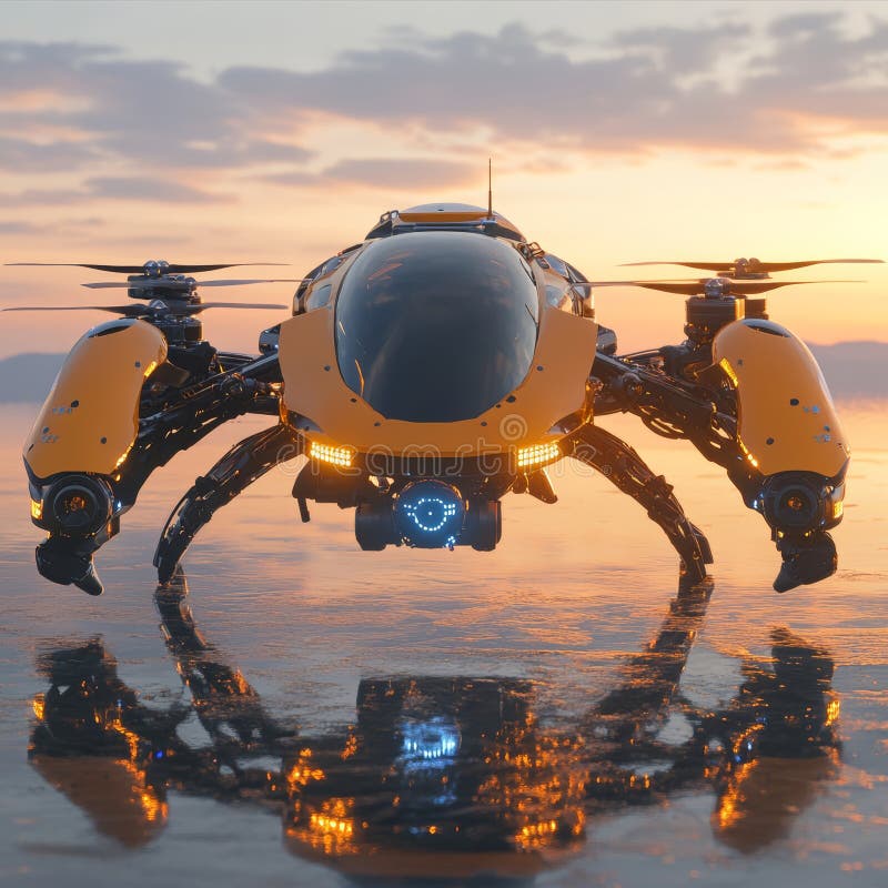 Den gula och svarta roboten flyger över en vattenförekomst vektor illustrationer