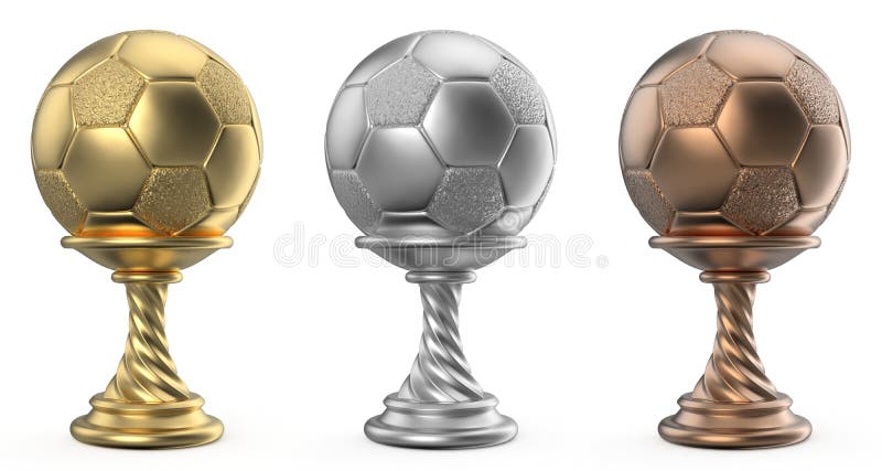 Den guld-, silver- och bronstrofén kuper FOTBOLLFOTBOLL 3D royaltyfri illustrationer Den guld-, silver- och bronstrofén kuper FOTBOLLFOTBOLL 3D royaltyfri illustrationer