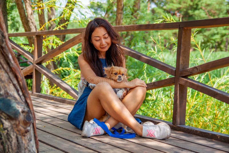 Den gulliga asiatiska flickan med den lilla hunden som in går, parkerar Kvinna som sitter på grönt gräs med hunden - som är utomh fotografering för bildbyråer Den gulliga asiatiska flickan med den lilla hunden som in går, parkerar Kvinna som sitter på grönt gräs med hunden - som är utomh fotografering för bildbyråer