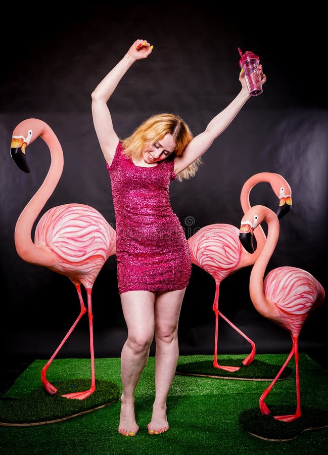 Den gulliga flickan i fuchsiapaljetter klär att vila och att dansa med tre stora flamingo på svart bakgrund arkivbilder Den gulliga flickan i fuchsiapaljetter klär att vila och att dansa med tre stora flamingo på svart bakgrund arkivbilder