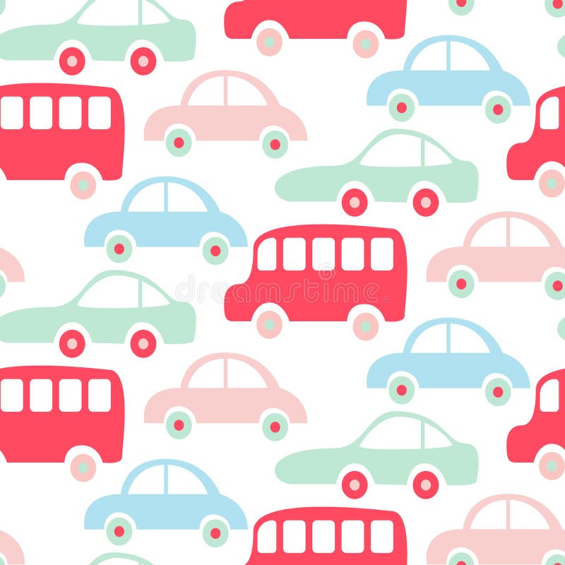 Den gulliga färgrika sömlösa modellen för bussar och för bilar tapetserar vektor illustrationer Den gulliga färgrika sömlösa modellen för bussar och för bilar tapetserar vektor illustrationer