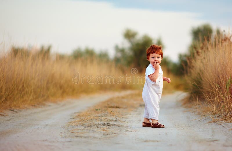 Cute little redhead toddler baby boy walking on rural path at summer day. Cute little redhead toddler baby boy walking on rural path at summer day