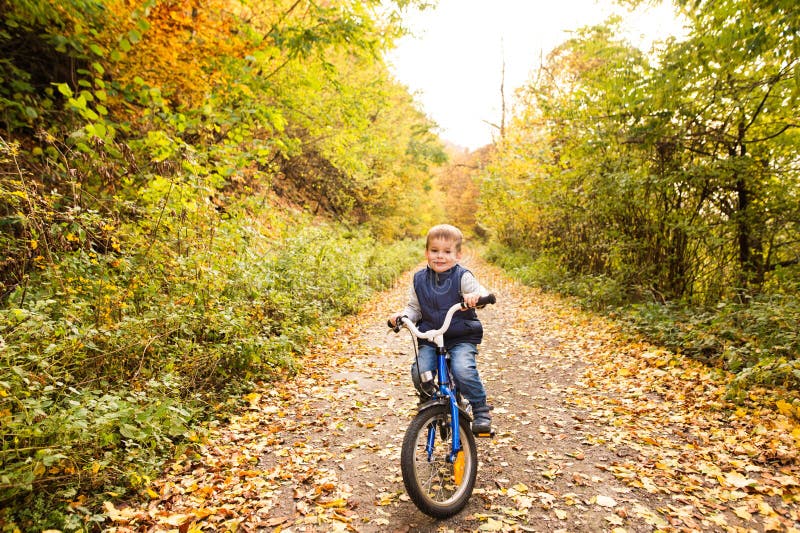 Den gulliga pysen som cyklar i solig höst, parkerar arkivfoto Den gulliga pysen som cyklar i solig höst, parkerar arkivfoto