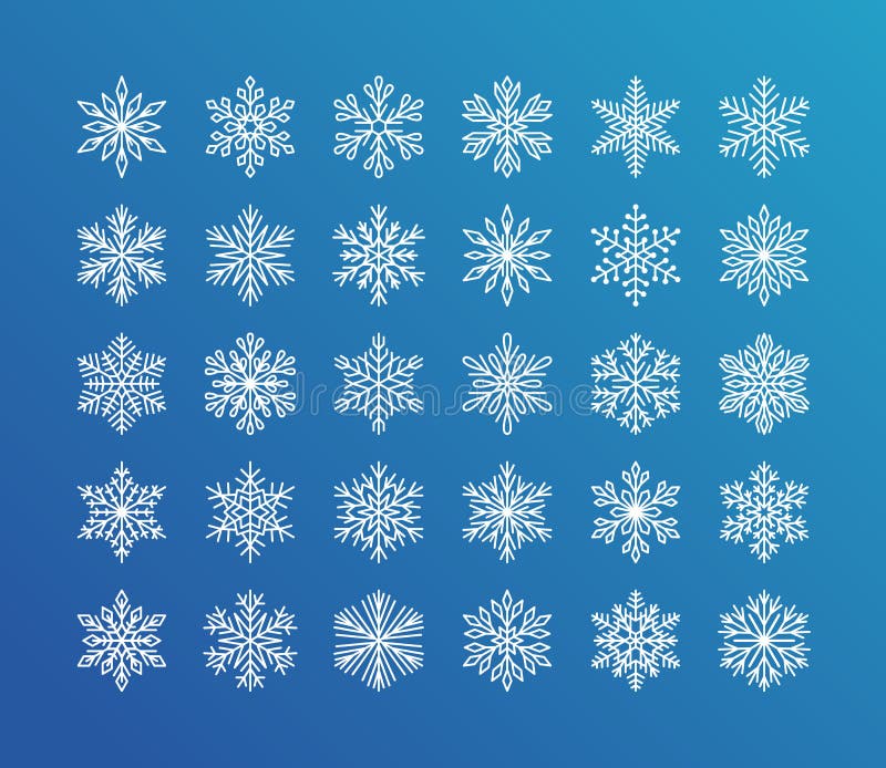 Den gulliga snöflingasamlingen isolerade vit på blå bakgrund Den plana linjen snösymboler, snö flagar konturn Trevlig beståndsdel stock illustrationer