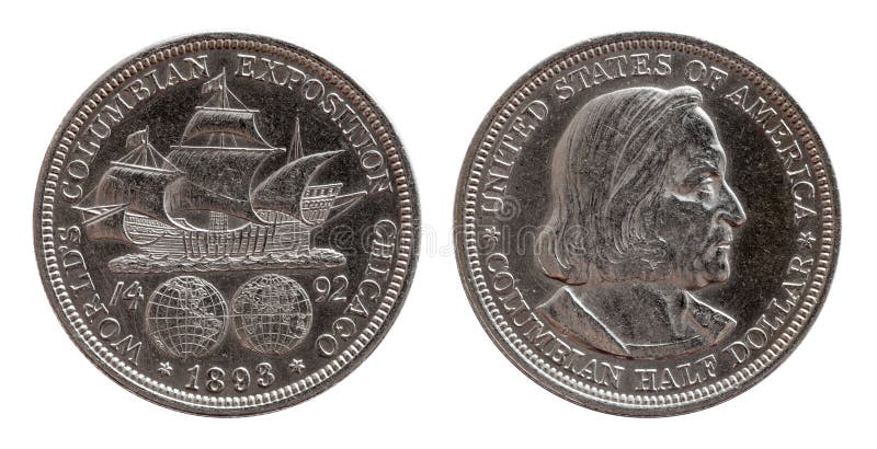 Den halva dollaren jubileums- USA myntar silver 1893 som isoleras på vit royaltyfri bild Den halva dollaren jubileums- USA myntar silver 1893 som isoleras på vit royaltyfri bild