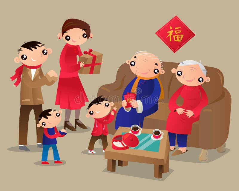 Den Hong Kong familjen besöker släktingars hem under den kinesiska festivalen för det nya året vektor illustrationer Den Hong Kong familjen besöker släktingars hem under den kinesiska festivalen för det nya året vektor illustrationer