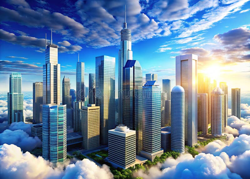 Den häpnadsväckande flygsynen på moderna Skyscrapers passade ett klart blått luftrum med vita moln och ett levande Cityscape-bestå royaltyfri illustrationer
