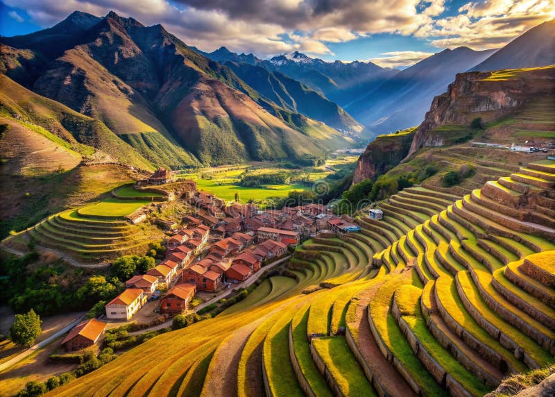 Den häpnadsväckande flygvyn över Pisac Terraces i Peru Unveiling Andean Agriculture and Urban Landscape från ovan stock illustrationer