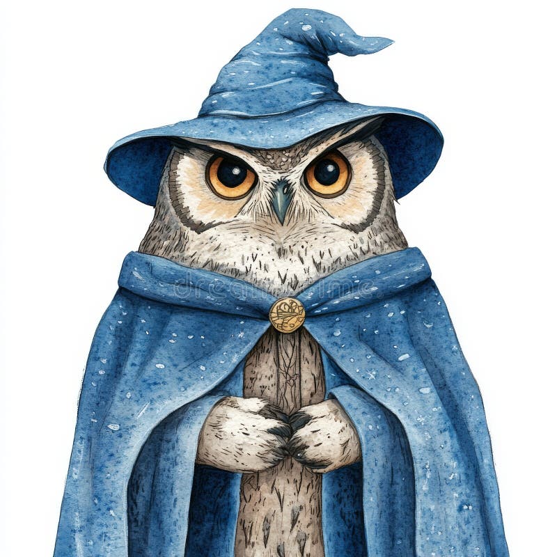 Den här vattenfärgsbilden heter Majestic Owl i Celestial Robe : Ett mästerverk för vattenfärg royaltyfri bild