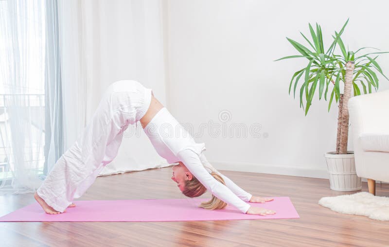 Den härliga kvinnan öva yoga hemma på matt yoga, flickaanseende i nedåtriktat - den belägen mitt emot hunden poserar arkivfoton Den härliga kvinnan öva yoga hemma på matt yoga, flickaanseende i nedåtriktat - den belägen mitt emot hunden poserar arkivfoton
