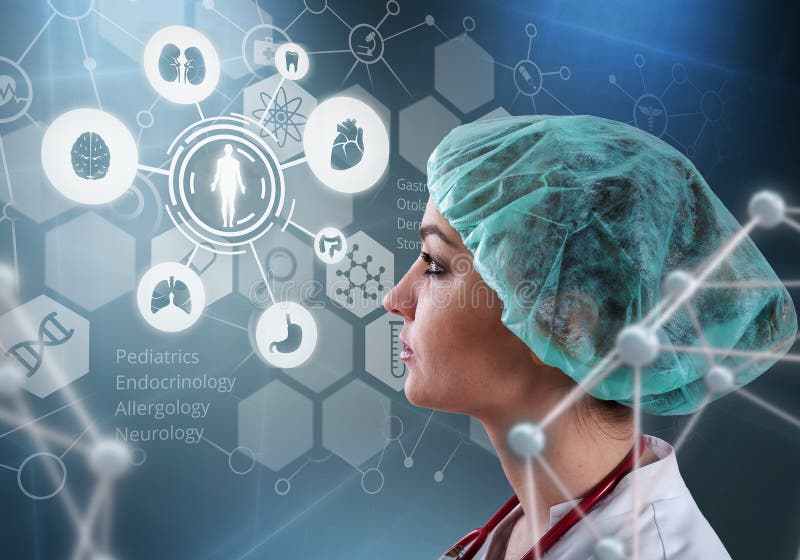 Den härliga kvinnliga doktorn och den faktiska datoren har kontakt i illustrationen 3D arkivfoto Den härliga kvinnliga doktorn och den faktiska datoren har kontakt i illustrationen 3D arkivfoto