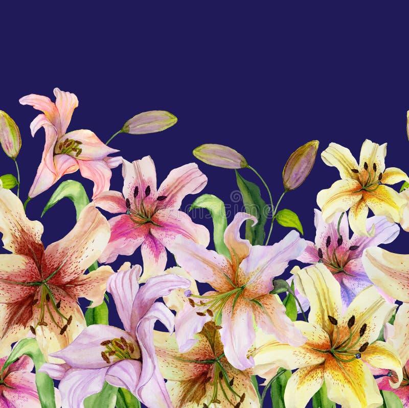 Den härliga liljan blommar med gröna sidor på livlig blå bakgrund seamless blom- modell för Adobekorrigeringar hög för målning fö royaltyfri illustrationer Den härliga liljan blommar med gröna sidor på livlig blå bakgrund seamless blom- modell för Adobekorrigeringar hög för målning fö royaltyfri illustrationer