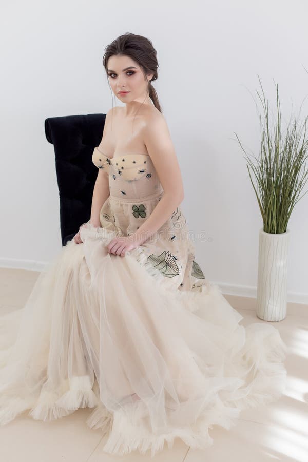 Den härliga sexiga brunettflickan i elegant klänning med det långa drevet med lavendel blommar royaltyfria bilder Den härliga sexiga brunettflickan i elegant klänning med det långa drevet med lavendel blommar royaltyfria bilder