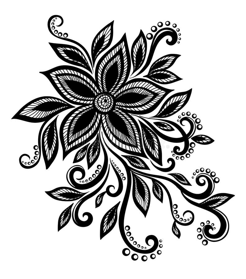 Den härliga svartvita blomman med efterföljd snör åt, små hål, designbeståndsdel vektor illustrationer