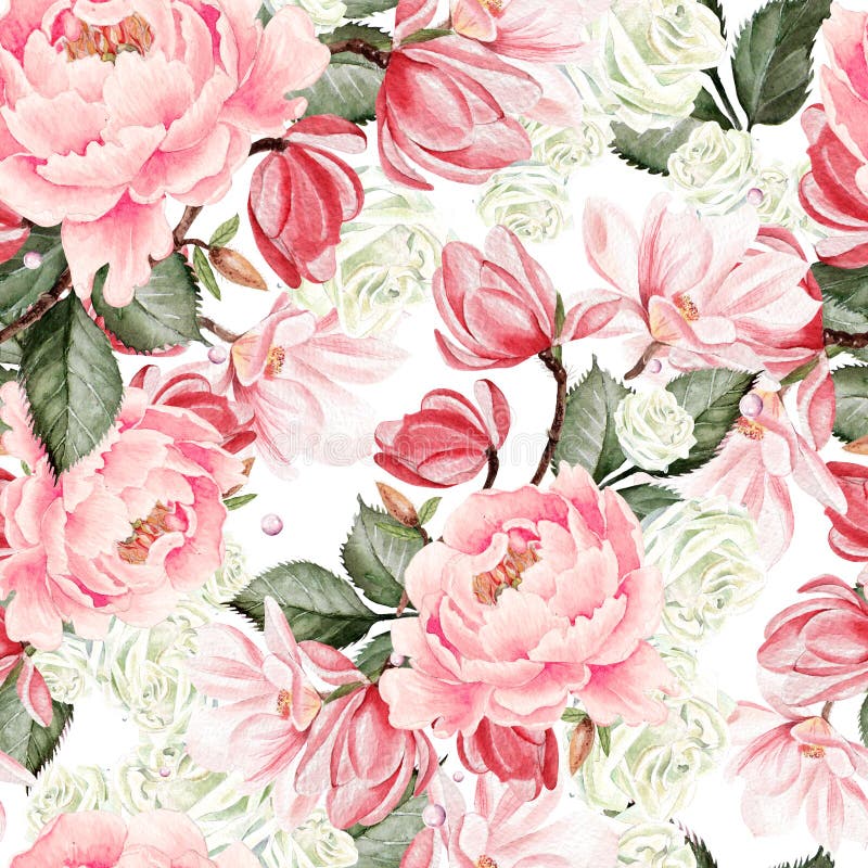Den härliga vattenfärgmodellen med rosor, pionen och magnolian blommar royaltyfri illustrationer