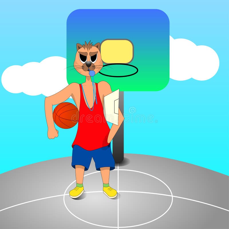 Den ilskna kattbaskettränaren är på bollen för innehavet för basketdomstolen i hand royaltyfri illustrationer Den ilskna kattbaskettränaren är på bollen för innehavet för basketdomstolen i hand royaltyfri illustrationer