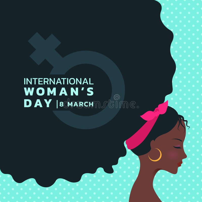 Den internationella dagen för kvinna` s med den afrikanska damen är för teckenbanret för lockigt hår och kvinnadesignen för vekto