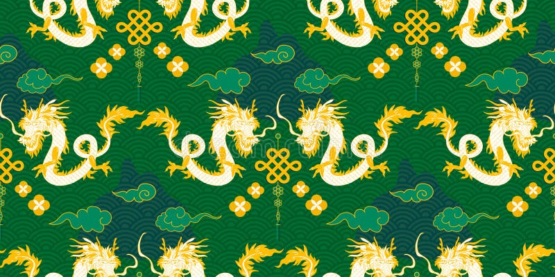 Den kinesiska traditionella dragonens sömlösa mönsterdesign med moln från bergs- och vågvattentextur royaltyfri illustrationer
