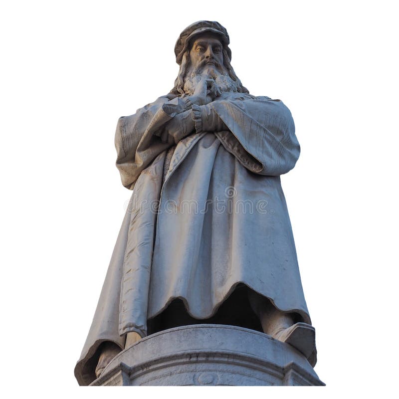 Den Leonardo da Vinci monumentet i Milan isolerade över vit arkivbilder Den Leonardo da Vinci monumentet i Milan isolerade över vit arkivbilder