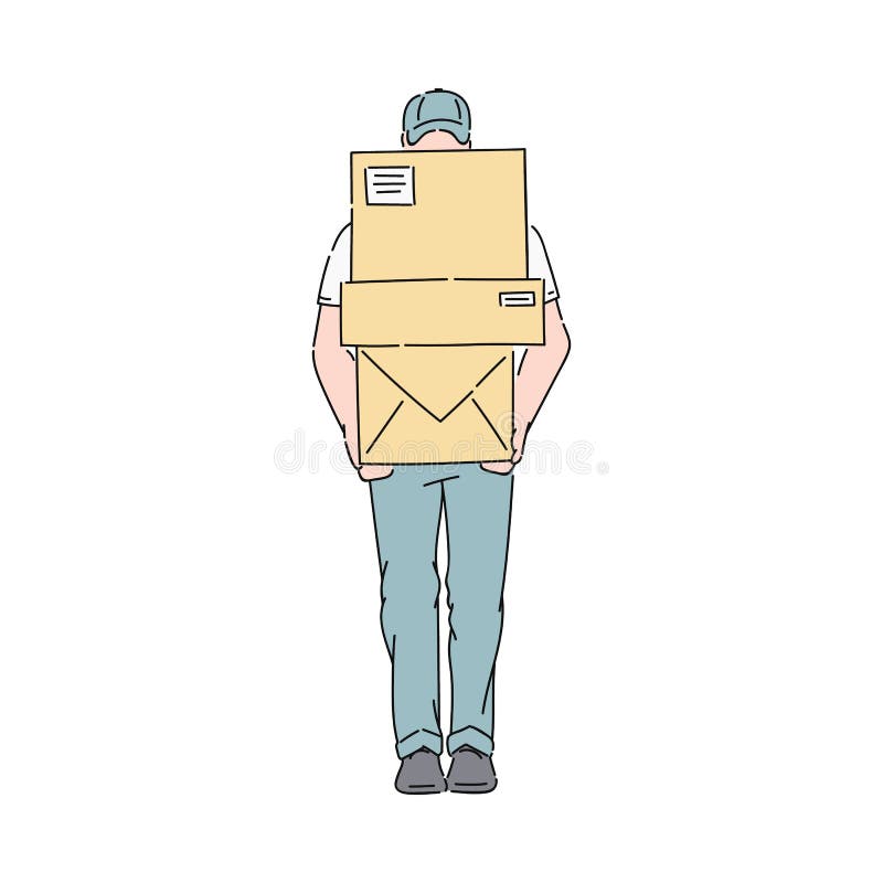 Den leveransmannen eller kuriren i likformig rymmer stolpeaskvektorn isolerad på vit stock illustrationer Den leveransmannen eller kuriren i likformig rymmer stolpeaskvektorn isolerad på vit stock illustrationer