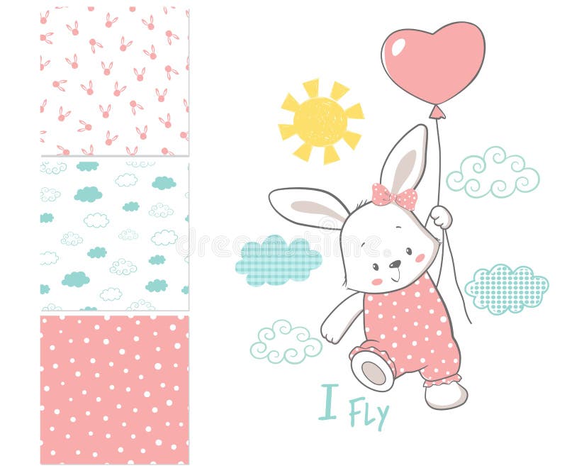 Little Bunny is flying in a balloon. Surface pattern and 3 seamless patterns. Cartoon vector illustration. Little Bunny is flying in a balloon. Surface pattern and 3 seamless patterns. Cartoon vector illustration