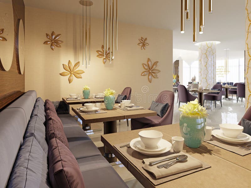 Den lyxiga restaurangen i hotellet har en modern inredesign, mjuka fåtöljer och tjänade som tabeller stock illustrationer Den lyxiga restaurangen i hotellet har en modern inredesign, mjuka fåtöljer och tjänade som tabeller stock illustrationer