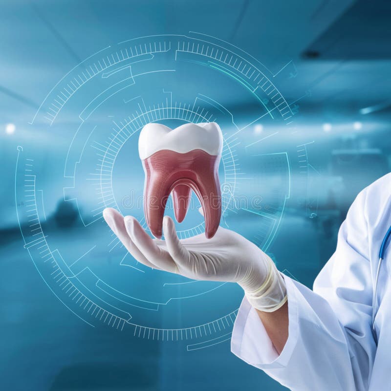 Den medicinska handen presenterar en 3d-tandmodell mot futuristiskt gränssnitt som antyder avancerad tandanalys. royaltyfri illustrationer