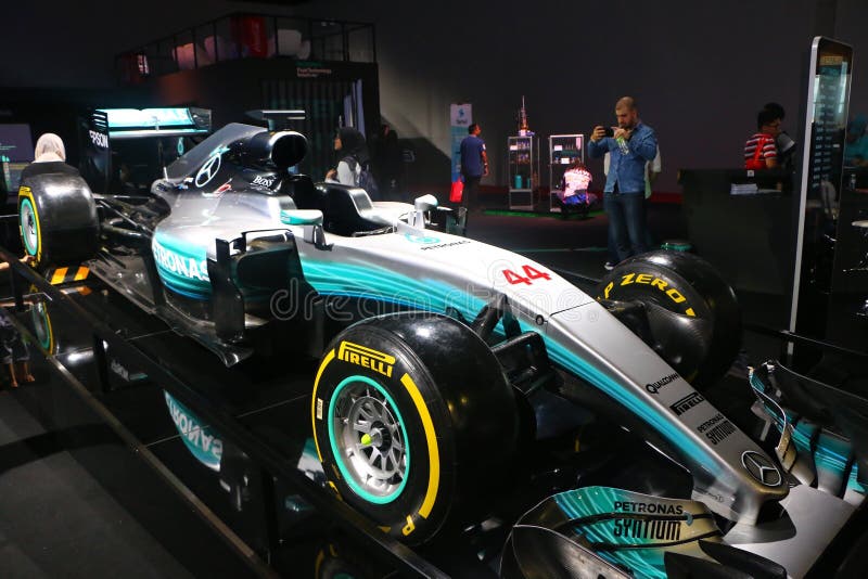 Kuala Lumpur, Malaysia-December 1,2018 : The Mercedes AMG Petronas F1 car, Driven by Lewis Hamilton 44, displayed during the Kuala Lumpur International Motor Show exhibition. Kuala Lumpur, Malaysia-December 1,2018 : The Mercedes AMG Petronas F1 car, Driven by Lewis Hamilton 44, displayed during the Kuala Lumpur International Motor Show exhibition