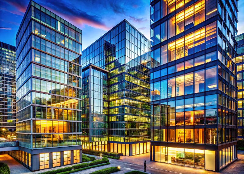 Den moderna Office-komplex-tekniken växer över stadens Skyline A-testamente till gemensam design och innovation stock illustrationer