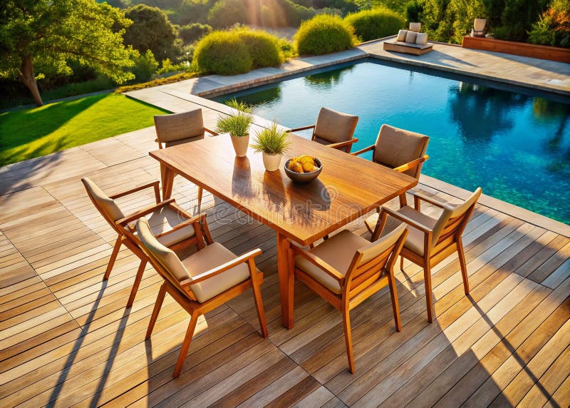 Den moderna toppmatningen i MidCentury ger dig ett flygperspektiv på utomhusmatlagning på en Pristine Patio stock illustrationer