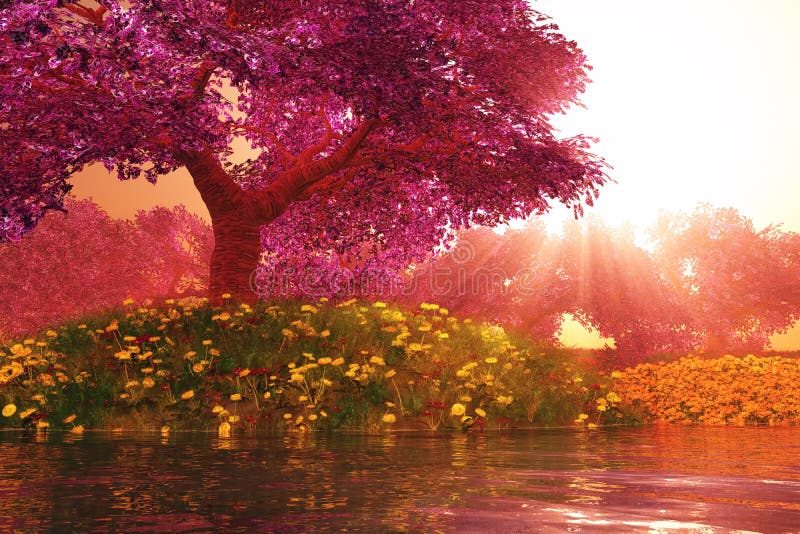 Den mystiska körsbärsröda blomningjapanträdgården cartoony 3D framför stock illustrationer