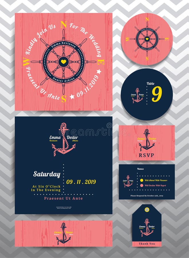 Den nautiska bröllopinbjudan och RSVP-kortmallen ställde in på rosa wood bakgrund royaltyfri illustrationer Den nautiska bröllopinbjudan och RSVP-kortmallen ställde in på rosa wood bakgrund royaltyfri illustrationer
