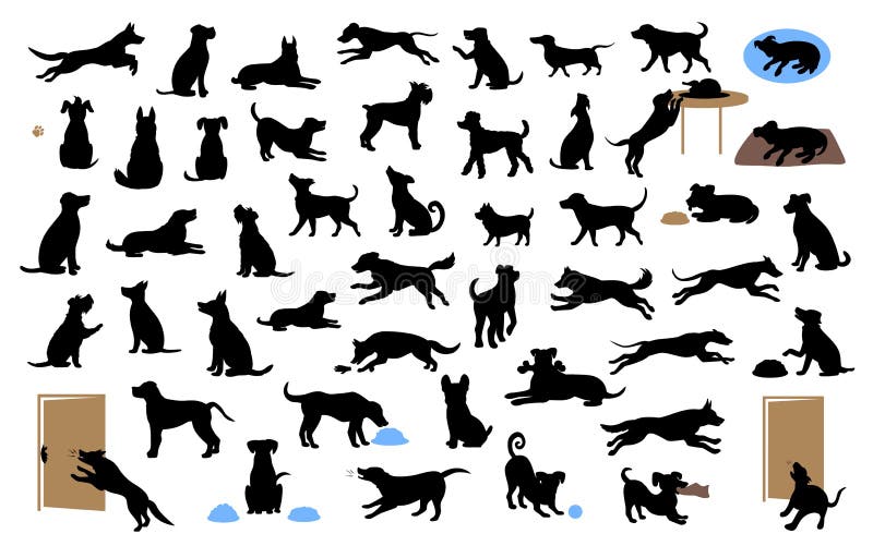 Different dogs silhouettes set, pets walk, sit, play, eat, steal food, bark, protect run and jump, isolated vector illustration over white background. Different dogs silhouettes set, pets walk, sit, play, eat, steal food, bark, protect run and jump, isolated vector illustration over white background