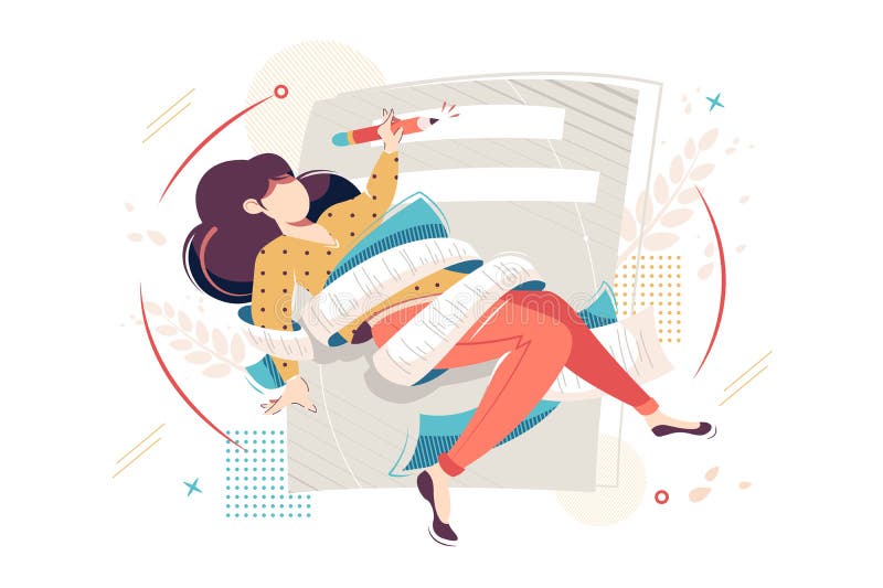 Den plana unga kvinnan som döljas i papper med blyertspennan, skapar textinnehållet stock illustrationer Den plana unga kvinnan som döljas i papper med blyertspennan, skapar textinnehållet stock illustrationer