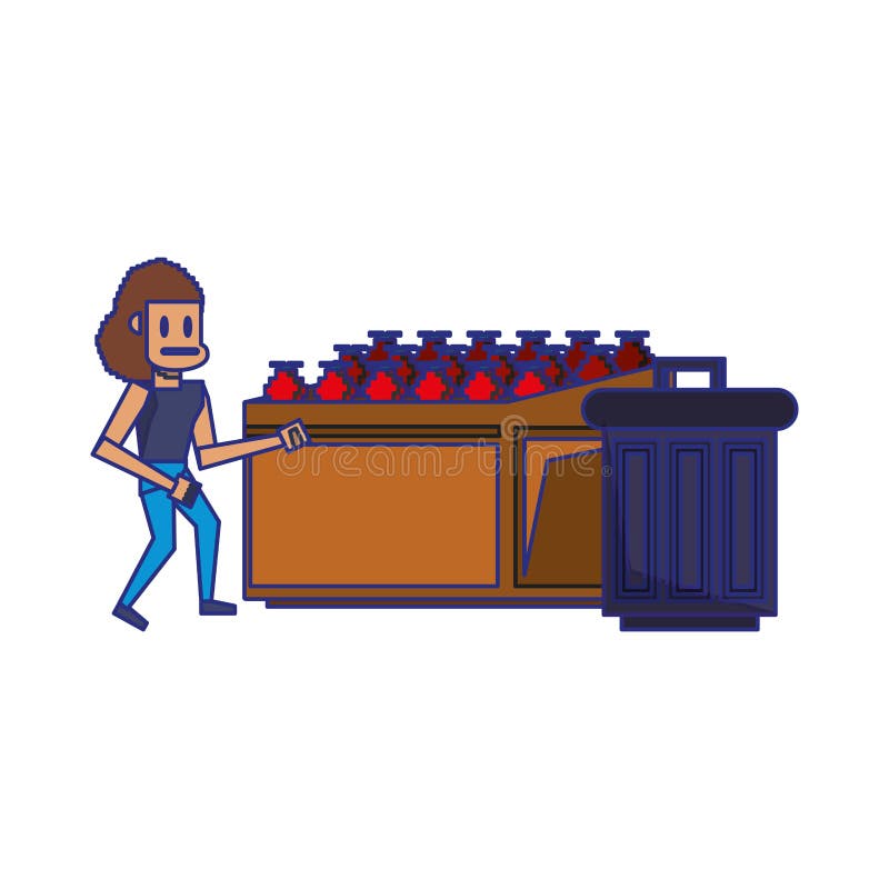 Den Retro videogamen pixelated tecknade filmer isolerade blålinjen. Retro videogame pixelated kvinna- och soptunnawothfrukter på för vektorillustration för ställning tecknade filmer isolerad grafisk design