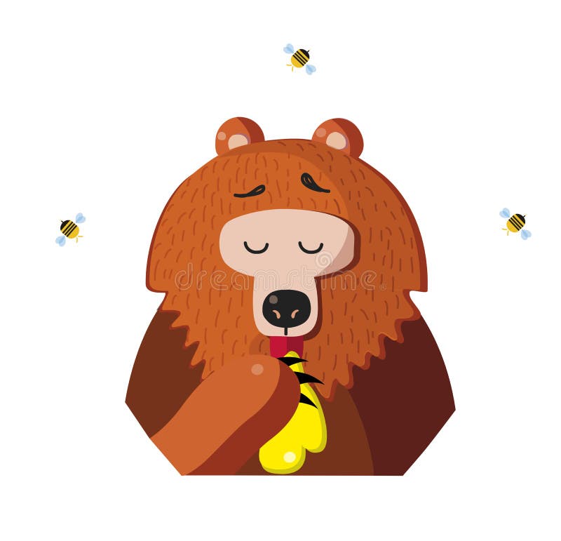 Den roliga björnen äter honung från tafsar på vit bakgrund royaltyfri illustrationer Den roliga björnen äter honung från tafsar på vit bakgrund royaltyfri illustrationer