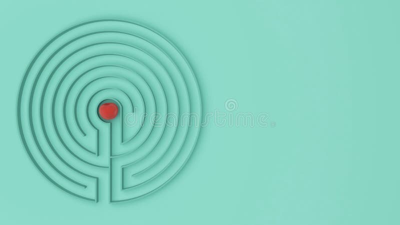 Round turquoise labyrinth maze game with entry and exit, find the path to the apple concept, love temptation background idea with copy space. Round turquoise labyrinth maze game with entry and exit, find the path to the apple concept, love temptation background idea with copy space