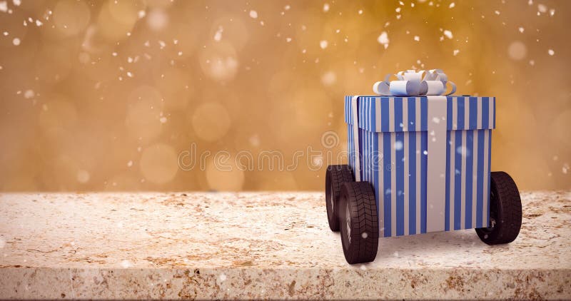 Den sammansatta bilden av blått och vit gjorde randig gåvaasken på hjul vektor illustrationer Den sammansatta bilden av blått och vit gjorde randig gåvaasken på hjul vektor illustrationer