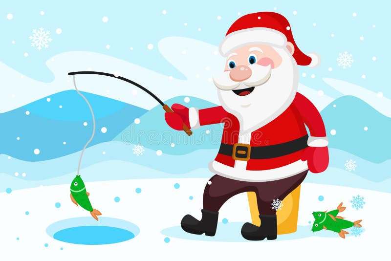 Den Santa Claus metspöet fångar fisken i hålet stock illustrationer Den Santa Claus metspöet fångar fisken i hålet stock illustrationer
