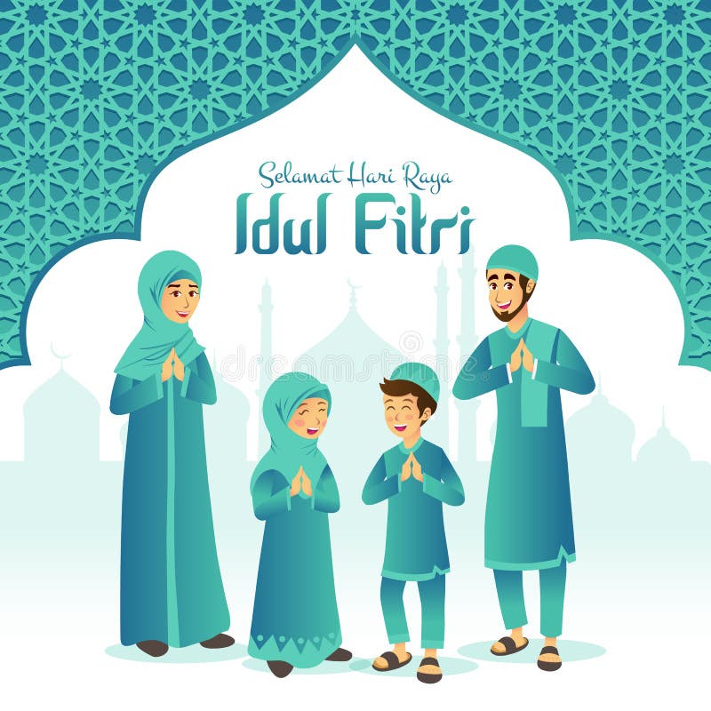 Den Selamat harirayaen Idul Fitri ?r ett annat spr?k av lycklig eid mubarak i indones Muslim familj f?r tecknad film som firar Ei stock illustrationer Den Selamat harirayaen Idul Fitri ?r ett annat spr?k av lycklig eid mubarak i indones Muslim familj f?r tecknad film som firar Ei stock illustrationer