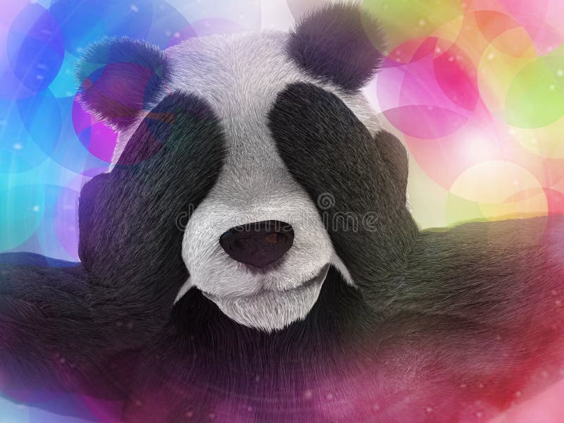 Sick character panda bamboo junkie experiencing strong hallucinations and fear closes the muzzle paws. Psychedelic condition of the animal. Sick character panda bamboo junkie experiencing strong hallucinations and fear closes the muzzle paws. Psychedelic condition of the animal.